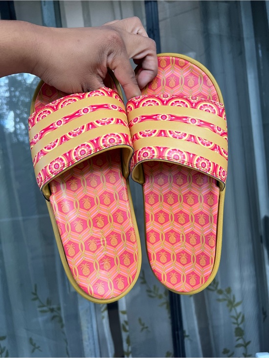 adidas Originals Shoes - adidas Originals orange and Yellow Patterned Slide Sandals